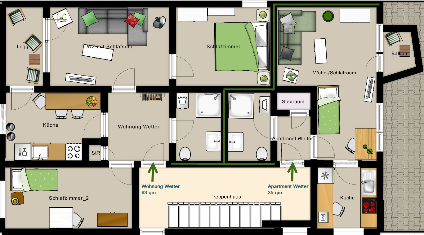 Links die größere Wohnung-Wetter mit Loggia, rechts das kleinere Apartment-Wetter mit Balkon